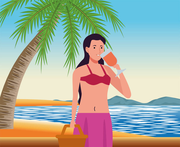 junge Frau trägt Badeanzug mit Korb-Trinkcocktail-Charakter - Vektor, Bild