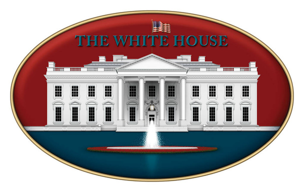 Ilustración digital de la vista norte de la Casa Blanca, el jardín de rosas y la fuente. Ubicado en un diseño icónico rojo y azul. Ilustración 3D - Foto, Imagen