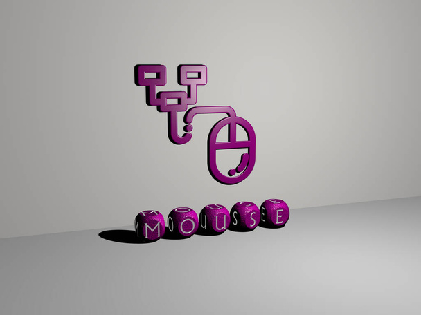 3D weergave van muis met icoon op de muur en tekst gerangschikt door metalen kubieke letters op een spiegelvloer voor concept betekenis en diavoorstelling presentatie. illustratie en achtergrond - Foto, afbeelding