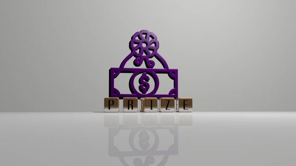 3D-weergave van PRIZE met icoon op de muur en tekst gerangschikt door metalen kubieke letters op een spiegelvloer voor concept betekenis en diavoorstelling presentatie. illustratie en toekenning - Foto, afbeelding