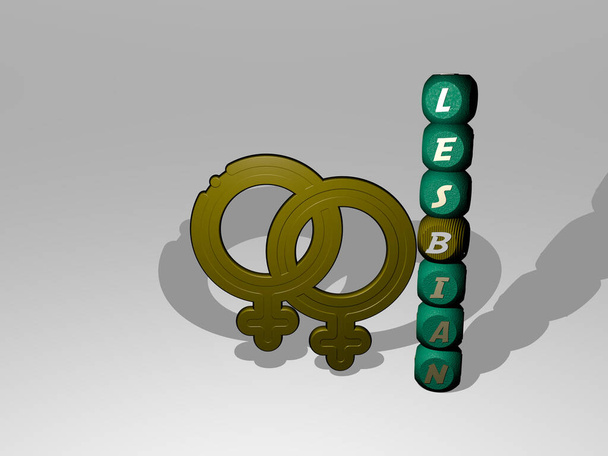 3D-Darstellung von Lesben mit Icon an der Wand und Text, angeordnet durch metallische kubische Buchstaben auf einem Spiegelboden für Konzeptbedeutung und Diashow-Präsentation. Paar und lgbt - Foto, Bild