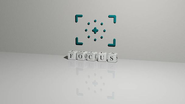 Représentation 3D de FOCUS avec icône sur le mur et texte arrangé par des lettres cubiques métalliques sur un plancher miroir pour la signification du concept et la présentation du diaporama. contexte et sélectif - Photo, image