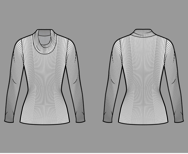 Žebrovaný rolák s kapucí pletený svetr technické módní ilustrace s dlouhými rukávy, těsně padnoucí tvar, délka tuniky - Vektor, obrázek