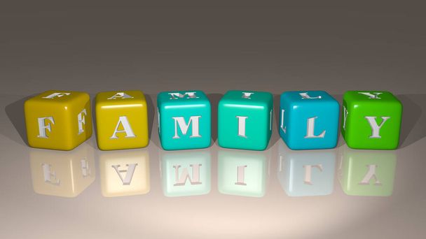 Οικογένεια σε συνδυασμό με τα γράμματα ζάρια και χρωματική διασταύρωση για τις σχετικές έννοιες της έννοιας. παιδί και ευτυχισμένη - Φωτογραφία, εικόνα