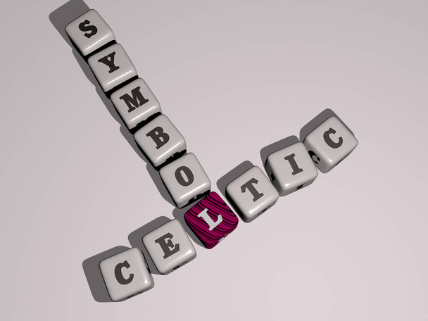 Kreuzworträtsel keltischer Symbole, die durch kubische Buchstaben auf einem Spiegelboden angeordnet sind, Begriffsbedeutung und Präsentation. Abbildung und Hintergrund - Foto, Bild