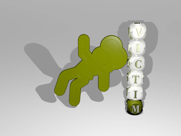 3D weergave van VICTIM met icoon op de muur en tekst gerangschikt door metalen kubieke letters op een spiegelvloer voor concept betekenis en diavoorstelling presentatie. pesten en illustratie - Foto, afbeelding