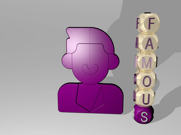 3D grafische afbeelding van FAMOUS verticaal samen met tekst gebouwd rond het pictogram door metalen kubieke letters vanuit het bovenste perspectief. uitstekend geschikt voor de concept presentatie en diavoorstellingen. architectuur - Foto, afbeelding