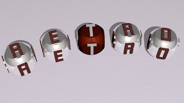 RETRO 'nun bulmacaları ayna zemininde kübik harflerle düzenlenmiş, kavram anlamı ve sunumu. Resim ve arkaplan - Fotoğraf, Görsel