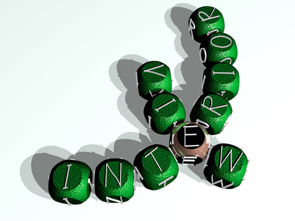 Kreuzworträtsel von INTERIOR VIEW, angeordnet durch kubische Buchstaben auf einem Spiegelboden, Begriffsbedeutung und Präsentation. Hintergrund und Design - Foto, Bild