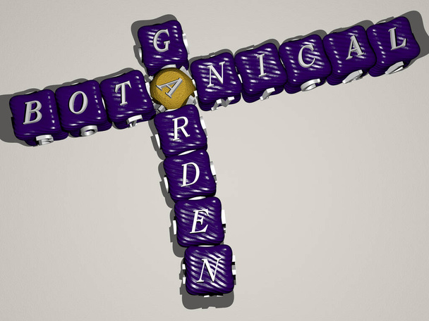 Kreuzworträtsel des botanischen Gartens, angeordnet durch kubische Buchstaben auf einem Spiegelboden, Konzept, Bedeutung und Präsentation. Hintergrund und Illustration - Foto, Bild