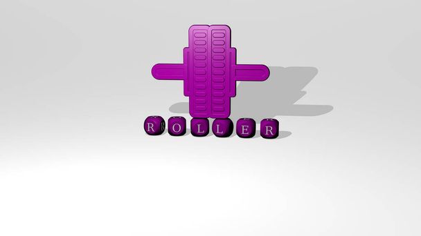 Representación 3D de rodillo con icono en la pared y texto dispuesto por letras cúbicas metálicas en un piso de espejo para el significado del concepto y presentación de diapositivas. ilustración y fondo - Foto, imagen