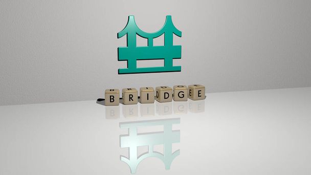 Représentation 3D de BRIDGE avec icône sur le mur et texte arrangé par des lettres cubiques métalliques sur un plancher miroir pour la signification du concept et la présentation du diaporama. ville et architecture - Photo, image