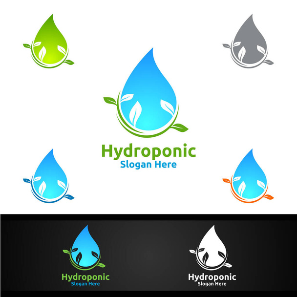 Vodní hydroponické zahradní logo se zeleným zahradním prostředím nebo botanické zemědělství Vektorový design ilustrace - Vektor, obrázek