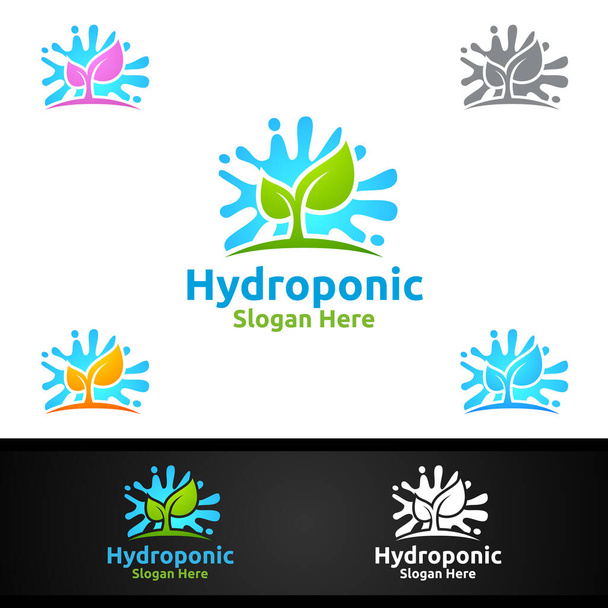 Vodní hydroponické zahradní logo se zeleným zahradním prostředím nebo botanické zemědělství Vektorový design ilustrace - Vektor, obrázek