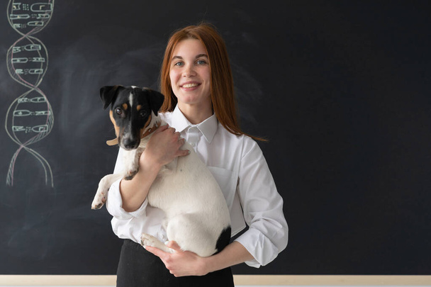 Вчитель біології в школі з собакою Джек Рассел на руках. Красива дівчина веде урок анатомії перед дошкою, на якій зображений біологічний ланцюжок. Вивчення структури тіла - Фото, зображення