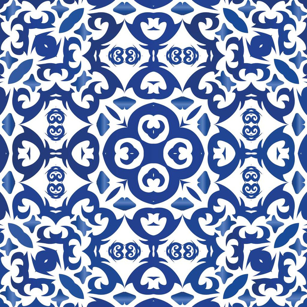 Antique azulejo tiles patchwork. Vector seamless pattern texture. Modern design. Blue spain and portuguese decor for bags, smartphone cases, T-shirts, linens or scrapbooking. - Vetor, Imagem
