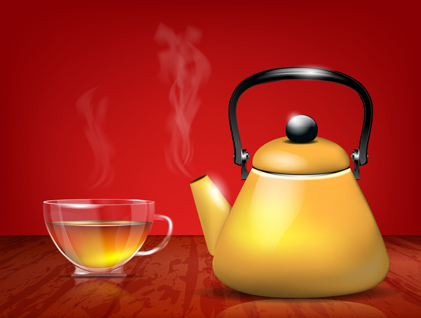 žlutá kovová konvice a sklo šálek čaje - Vektor, obrázek