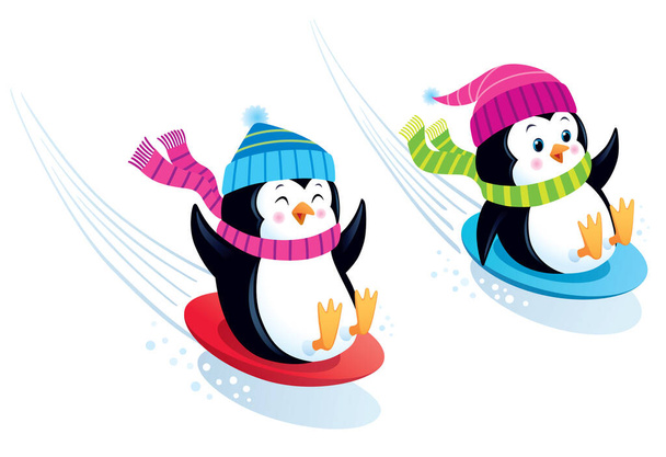 Карикатура на двух счастливых и милых персонажей пингвинов, катающихся на снегоходах на тарелках. - Фото, изображение