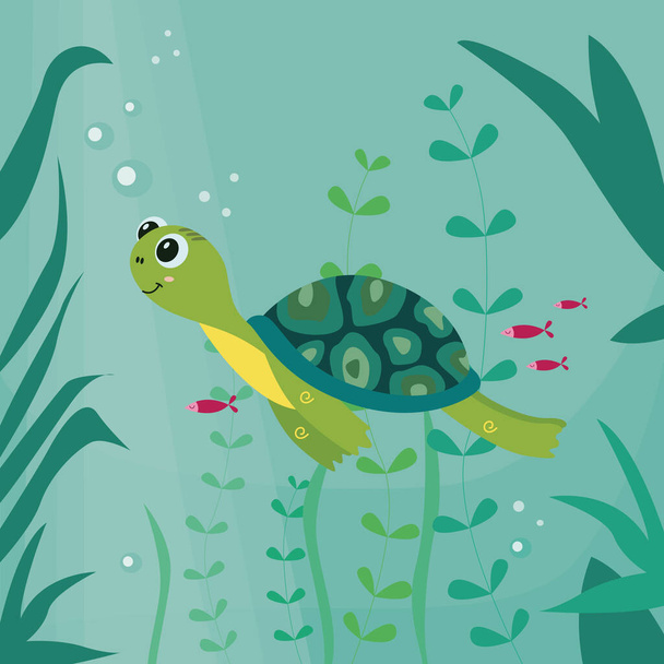 Cartoon turtle swimming the vector illustration on the underwater background. - Vektör, Görsel