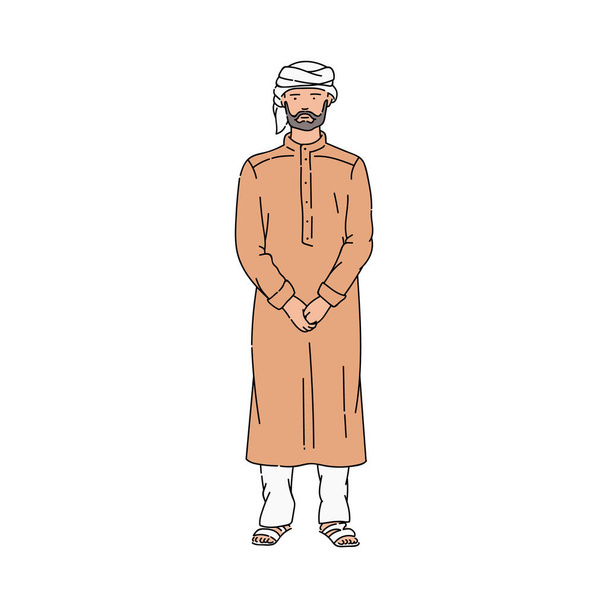 Serious man in Muslim clothes and turban standing straight. - Вектор, зображення