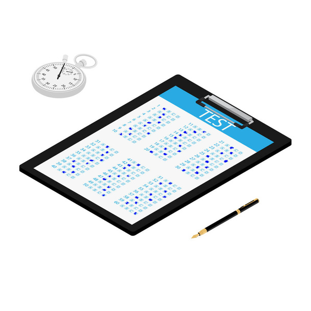 Test, exam paper on clipboard, stopwatch and pen isometric view. Exam, or survey concept icon. School test. School exam. - Vector, Image