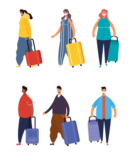 young people wearing medical masks with suitcases - Vector, Image