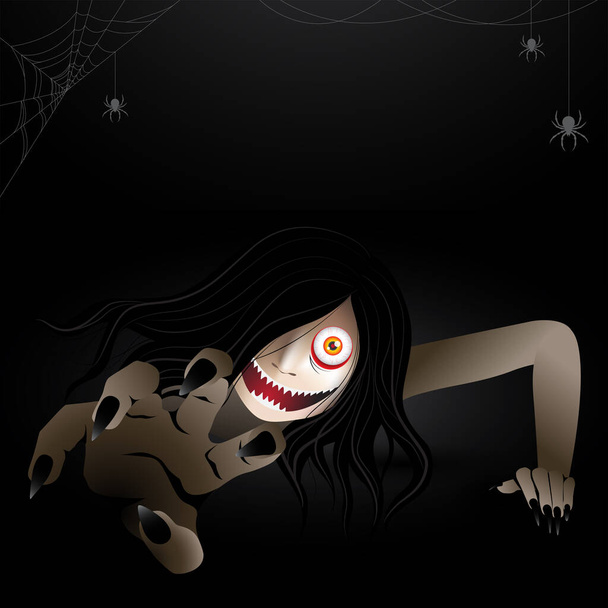 Mujer zombie fantasma asustadizo, personaje arrastrándose fantasma rondando en la oscuridad con arañas y telarañas. Ilustración vectorial para halloween. - Vector, imagen