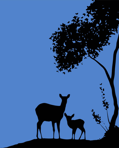 Dessin ou croquis de cerfs jeunes et adultes debout le soir dans un arbre sombre et un ciel bleu - Vecteur, image