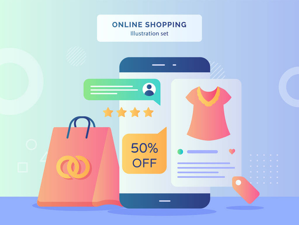 Online shopping illustration set star rate on smartphone screen background of shopping bag clothes with flat style vector design - Вектор,изображение