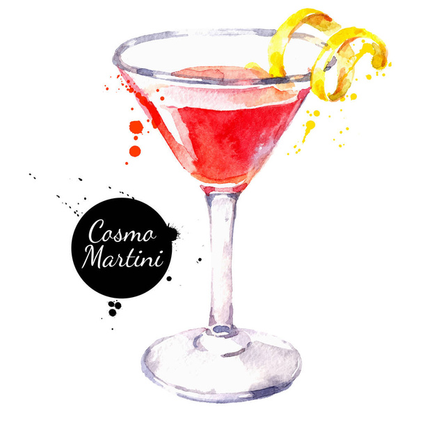 Dibujo dibujado a mano acuarela cóctel Cosmo Martini. Ilustración alimentaria aislada vectorial - Vector, Imagen