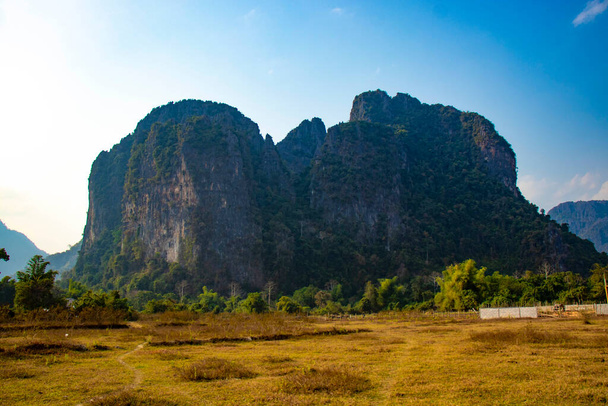 Szenische Aussicht auf das Hochland mit Kühen in Laos  - Foto, Bild