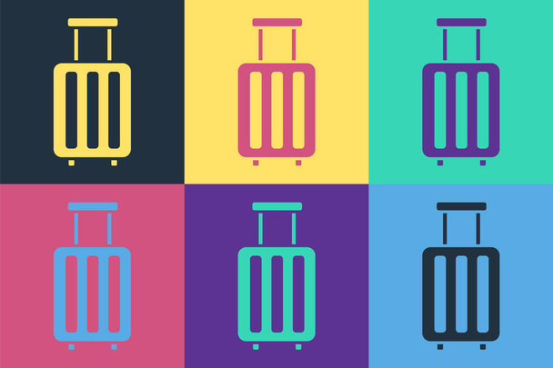 Pop art Maleta para icono de viaje aislado en el fondo de color. Señal de equipaje de viaje. Icono de equipaje de viaje. Ilustración vectorial - Vector, Imagen
