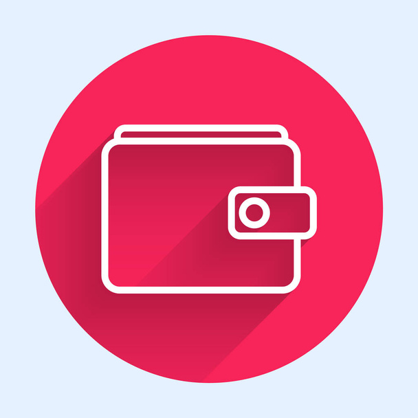 Witte lijn Wallet pictogram geïsoleerd met lange schaduw. Een portemonnee icoon. Cash spaarsymbool. Rode cirkel knop. Vector Illustratie - Vector, afbeelding