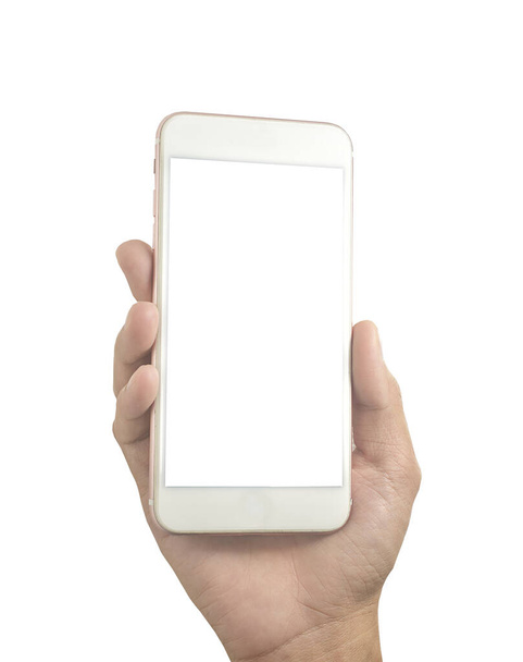 Main tenant téléphone portable (smartphone, téléphone portable, téléphone) fond blanc - Photo, image