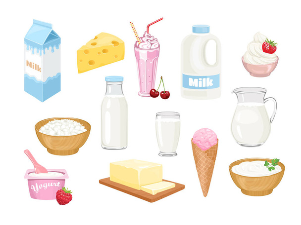 Набір молочних продуктів. Молоко в пляшці, глечику, склянці, коробці і галоні, сир, молочний коктейль, збитих вершків, сир, йогурт, масло, морозиво і морозиво ізольовані. Векторна мультяшна плоска ілюстрація
. - Вектор, зображення