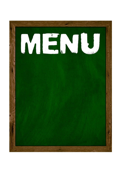Green wooden board with copy space showing Menu with chalk letters - Foto, immagini