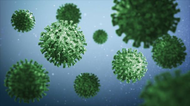 Coronavirus 2019-ncov λοίμωξη της γρίπης 3D ιατρική απεικόνιση. Γρίπη ή HIV coronavirus επιπλέουν σε υγρό μικροσκοπική άποψη, πανδημία ή λοίμωξη του ιού έννοια. Ιός μικροσκοπίου κοντά. 3d απόδοση. - Φωτογραφία, εικόνα