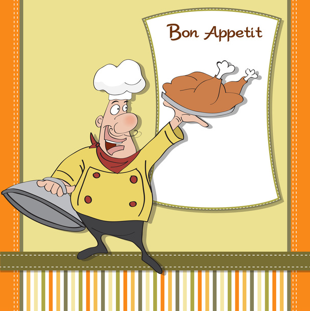 komik karikatür aşçı gıda elinde tepsi ile - Vektör, Görsel