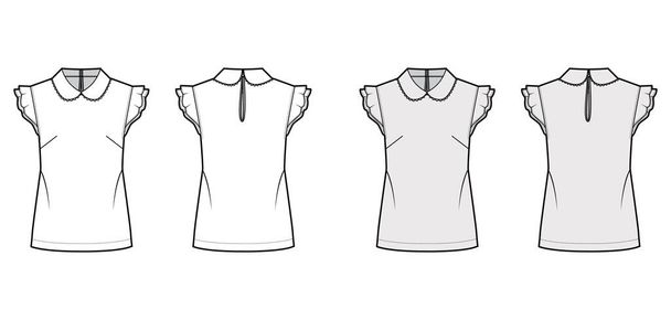 Кругла комір блузка технічна модна ілюстрація з вільним силуетом, рукавом флаттера, задньою ґудзиковою щілиною
 - Вектор, зображення