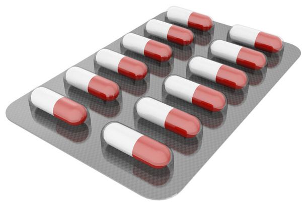 3D illustratie. Medicinale capsules op een witte achtergrond. Geneesmiddelen per blisterverpakking - Foto, afbeelding
