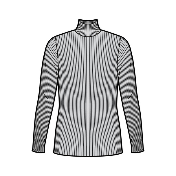 Jersey de punto acanalado cuello alto ilustración técnica de moda con mangas largas, cuerpo de gran tamaño, longitud de la túnica.  - Vector, imagen