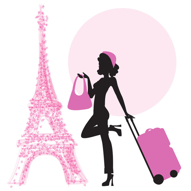 Woman with suitcase in Paris - Vector, Image