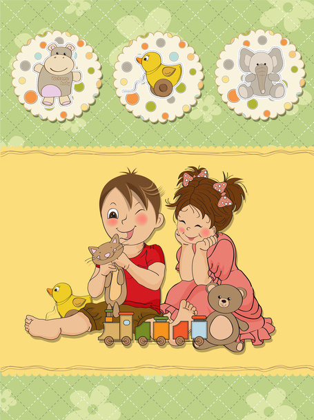 Fille et garçon joue avec des jouets
 - Vecteur, image