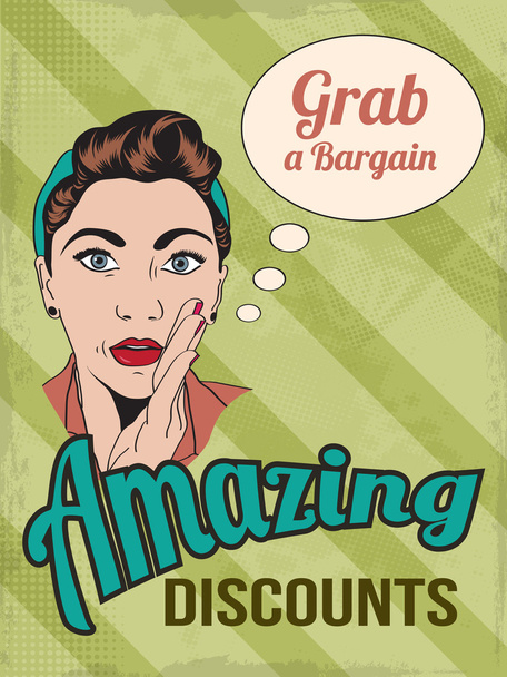 Retro woman and amazing discounts message - Vector, Image