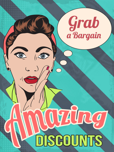 Retro woman and amazing discounts message - Vector, Image