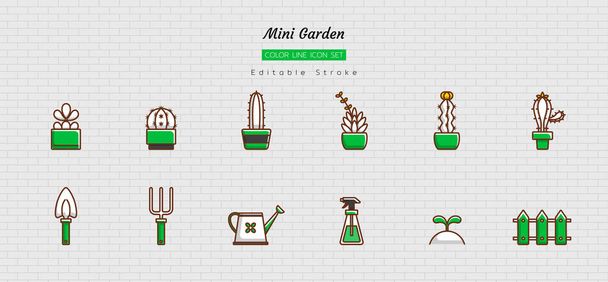 gevuld kleurlijn pictogram set, mini home tuinieren concept, kas, weinig cactus, sappig, gereedschap, uitrusting, Geïsoleerde platte vector ontwerp, bewerkbare slag - Vector, afbeelding