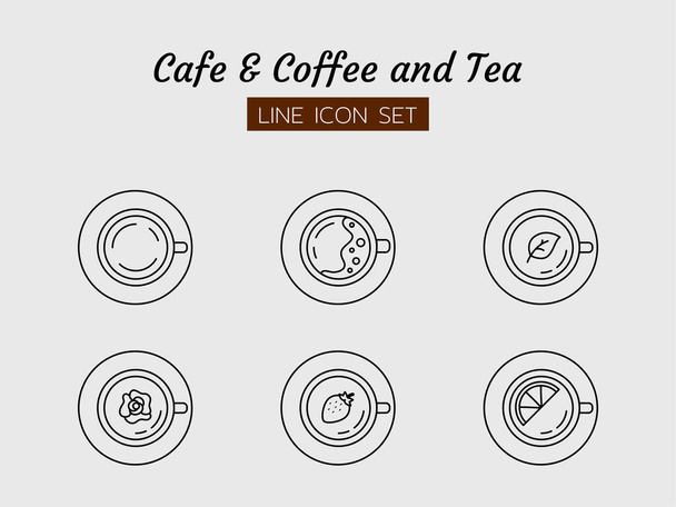 Liniensymbolset, Kaffee- und Tee-Café Draufsicht-Konzept, Getränk, Zitrone, Erdbeere, Rose, Isolierte flache Umrisse Vektor-Design - Vektor, Bild