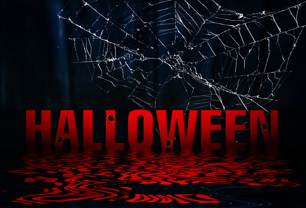 Dark abstract background for Halloween party. Blank banner under your text. Halloween background with spider webs and pumpkin reflection in water. 3d illustration - Foto, Imagem