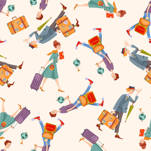 Young man a backpack, man with a suitcase and an umbrella, girl with a suitcase and a guidebook. Seamless background pattern. Vector illustration - Vektor, kép