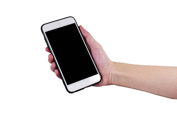 Hand holding Mobile smart phone or cellphone white background - Foto, afbeelding